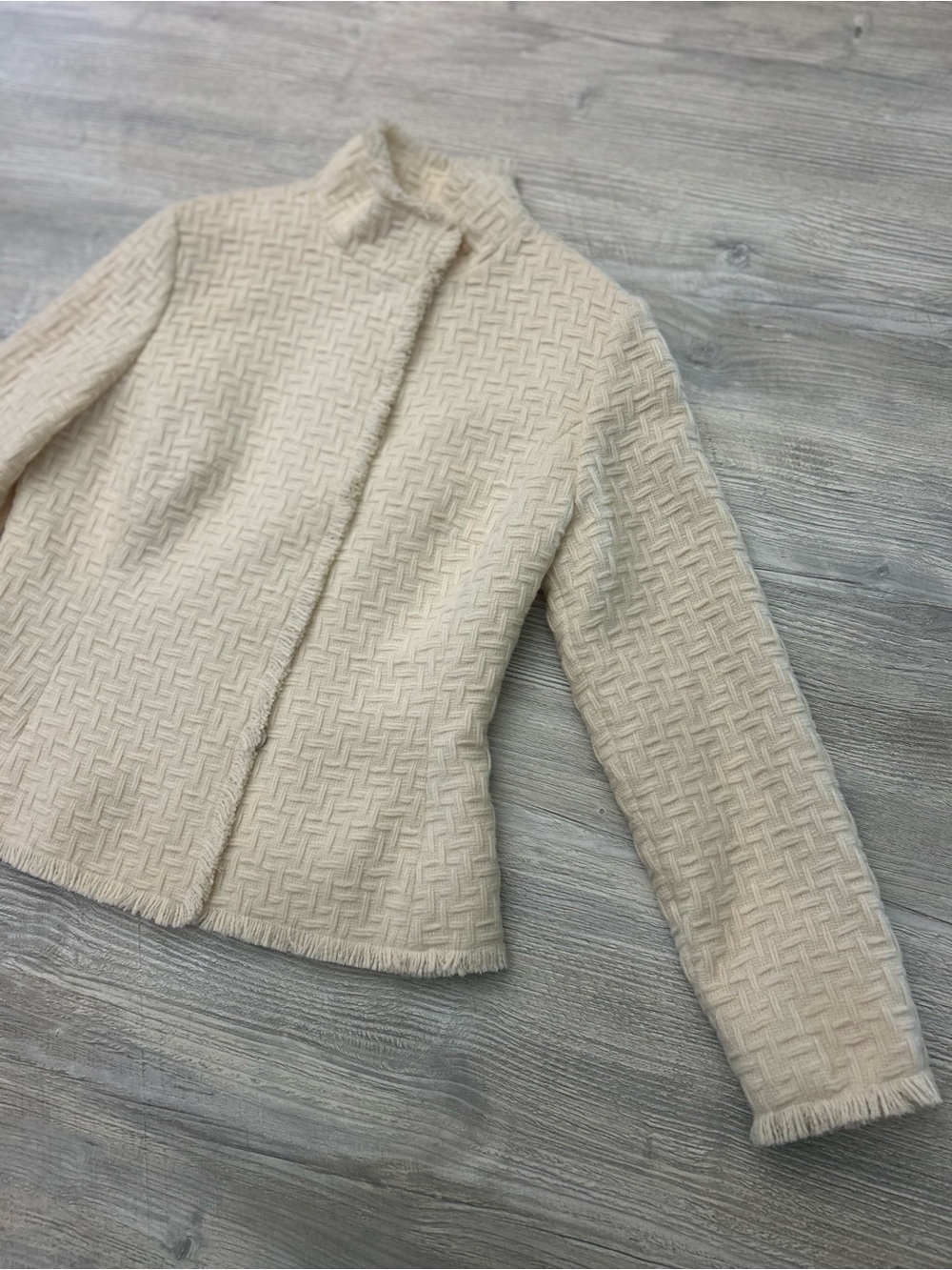 CARLISLE Cream Wool Tweed Blazer Jacket Fringe Trim Mock Neck Ivory 4 US / 8 UK